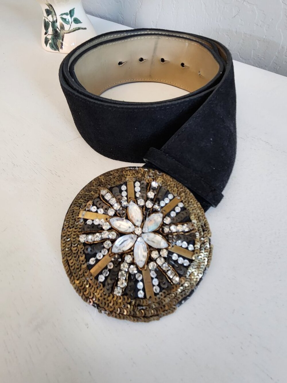 Black Suede Leather Statement Belt w/Ornate Rhinestone Buckle  | Size 2X